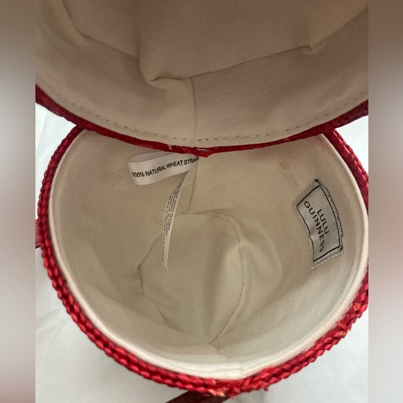 VTG Lulu Guinness Wheat Straw Fruit Bowl crocheted purse red leather strap - Picture 10 of 16